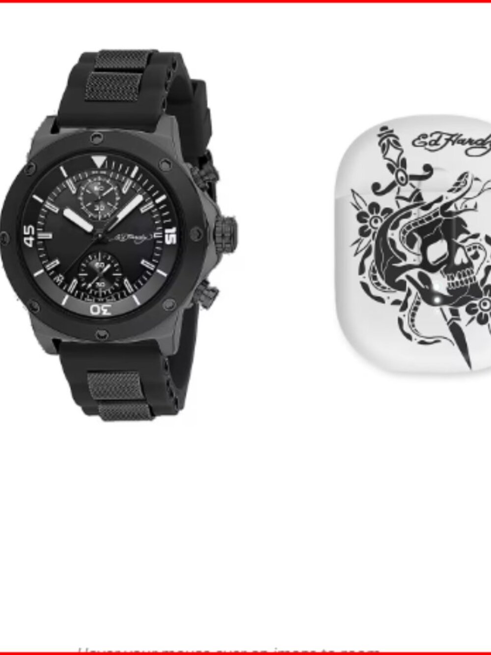Ed Hardy Round Watch with Faux Leather Strap & Earbuds Set